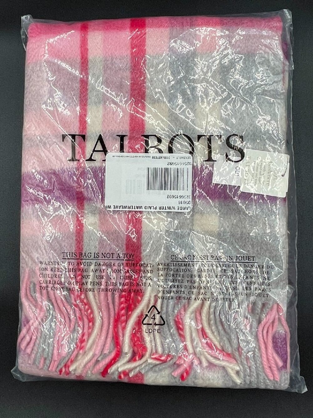 NWT Talbots 100% Cashmere Winter Plaid Waterweave Wrap Pink Purple Scarf